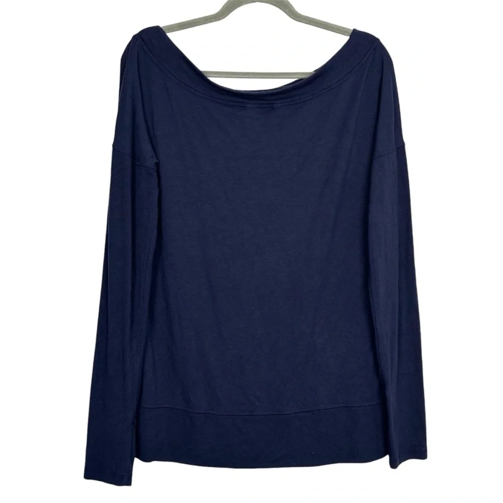 Athleta Studio Barre Sweatshirt Medium Long Sleeve Top Blue Off The Shoulder - Picture 2 of 8